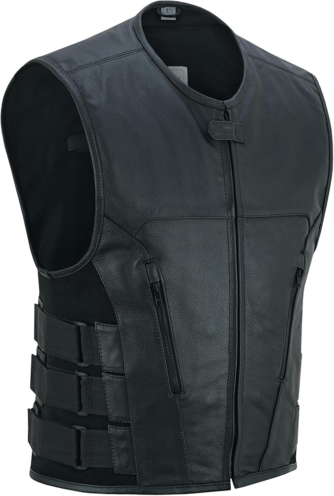 Men's Leather Motorcycle Vest with Adjustable Side Straps