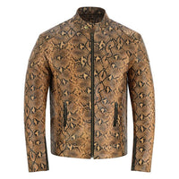Men Python Snake Embossed Leather Luxury Fashion Motorcycle Biker Jacket Brown