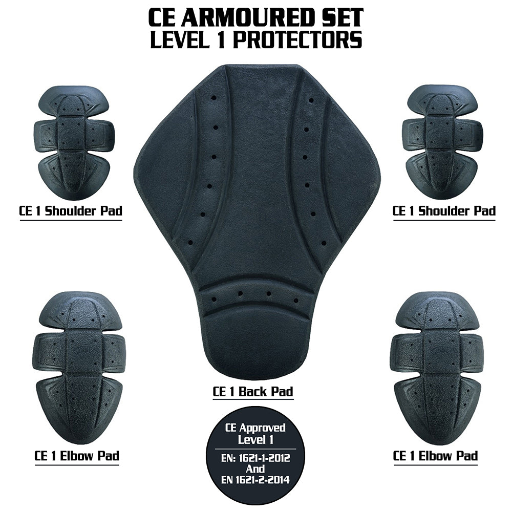 CE Level-1 Armour Set Elbows, Shoulders & Back Pads For Motorcycle Jackets or Shirts - Black