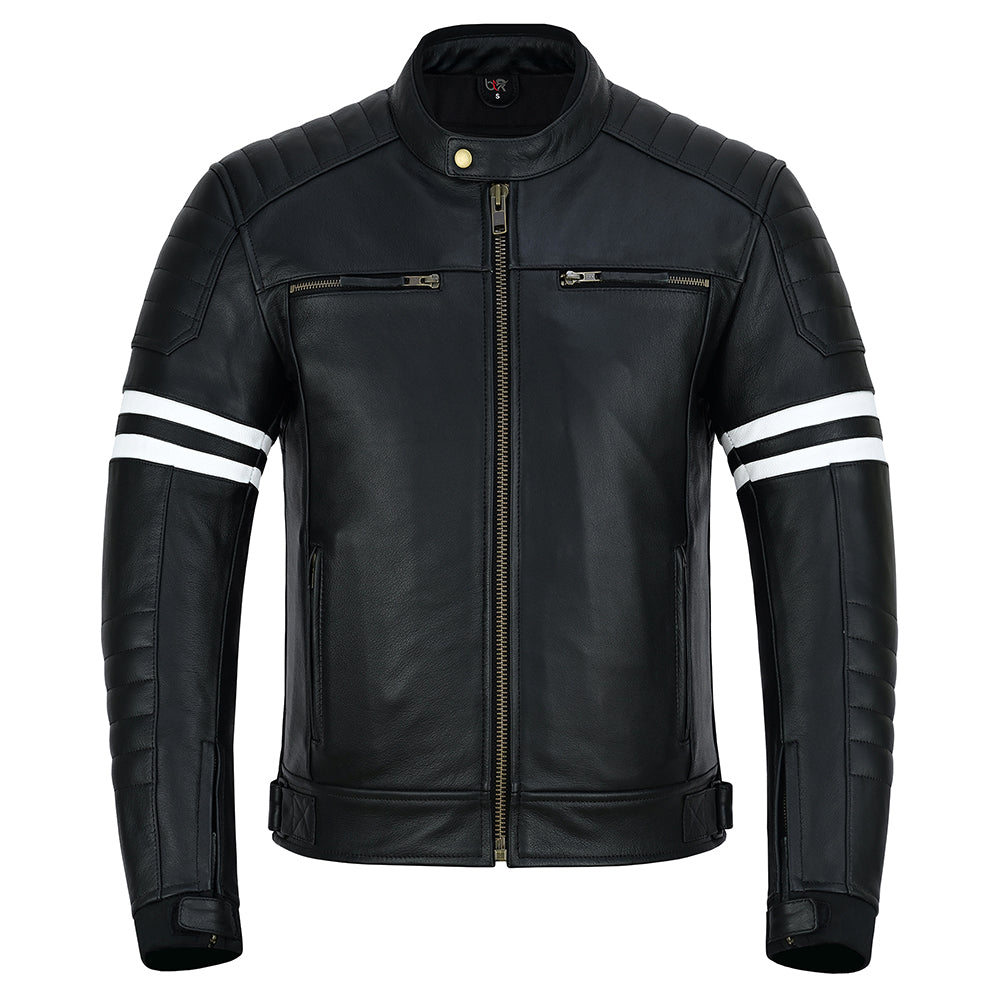 Striped Men's Leather Motorcycle Jacket with CE Armor