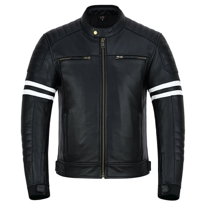 Striped Men's Leather Motorcycle Jacket with CE Armor
