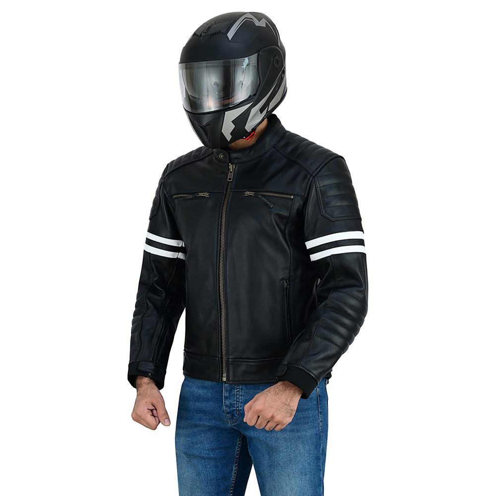 Striped Men's Leather Motorcycle Jacket with CE Armor