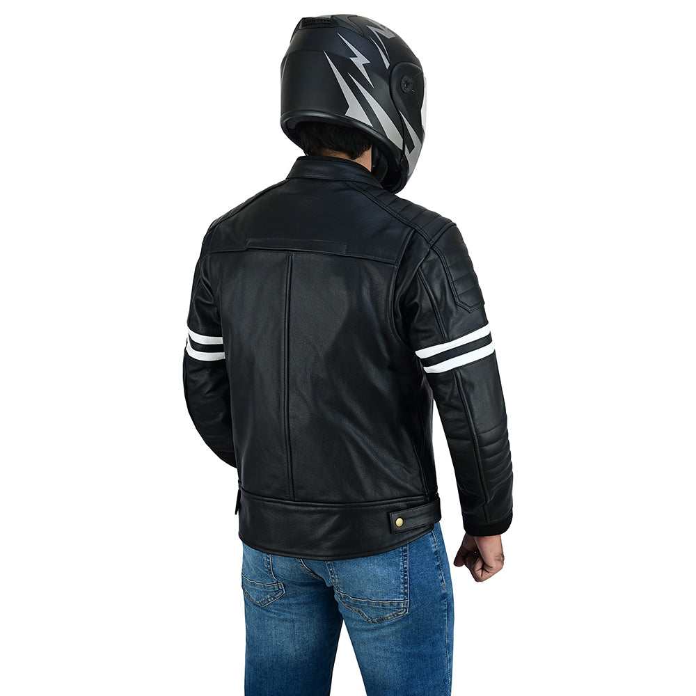 Striped Men's Leather Motorcycle Jacket with CE Armor