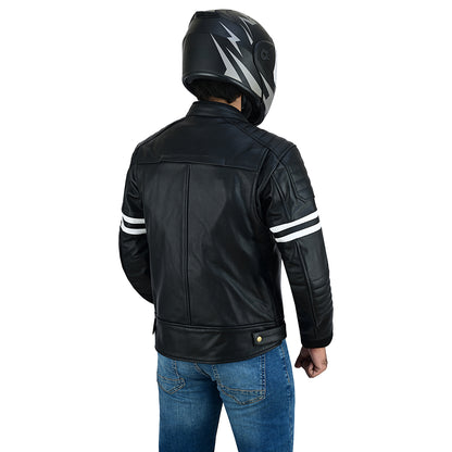 Striped Men's Leather Motorcycle Jacket with CE Armor