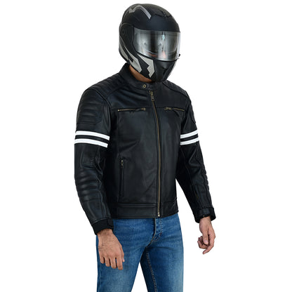 Striped Men's Leather Motorcycle Jacket with CE Armor