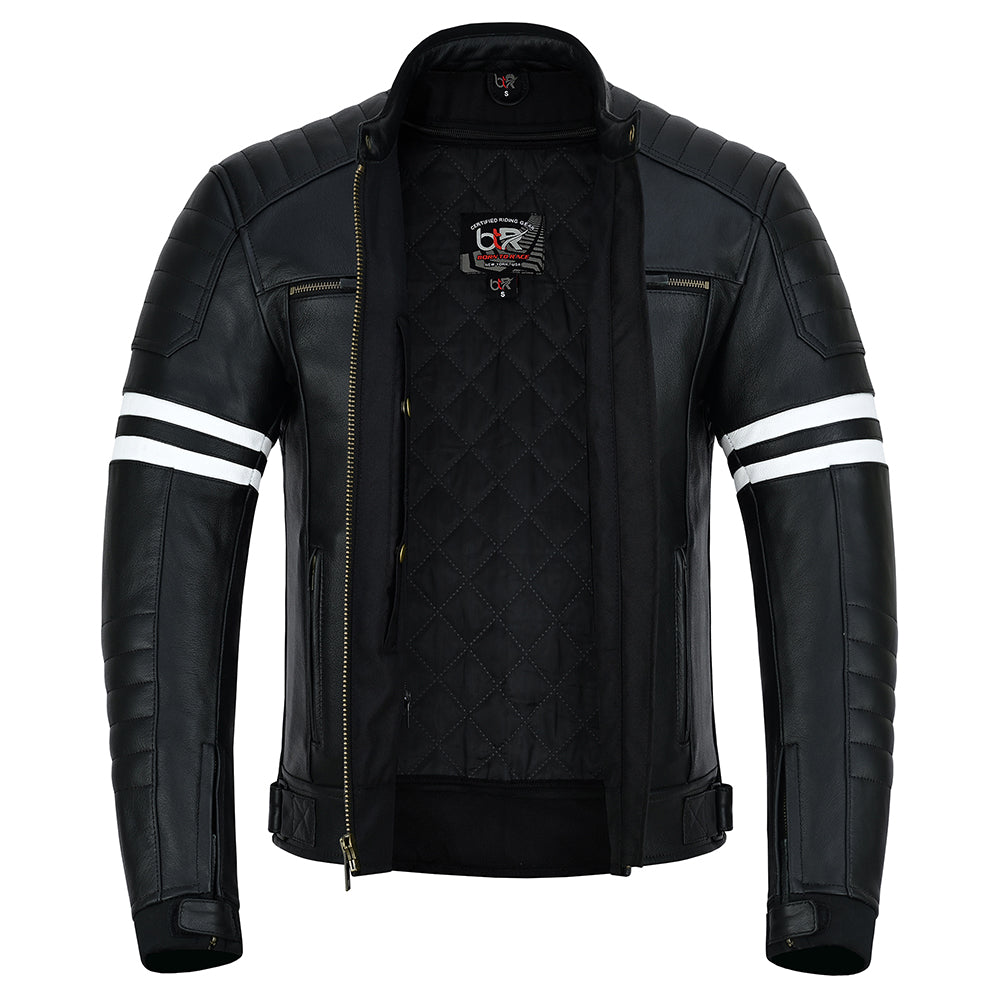 Striped Men's Leather Motorcycle Jacket with CE Armor