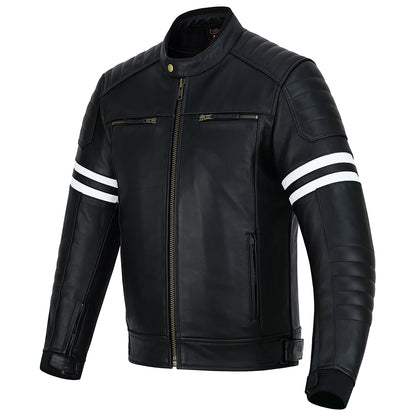 Striped Men's Leather Motorcycle Jacket with CE Armor
