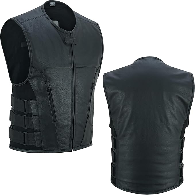 Men's Leather Motorcycle Vest with Adjustable Side Straps