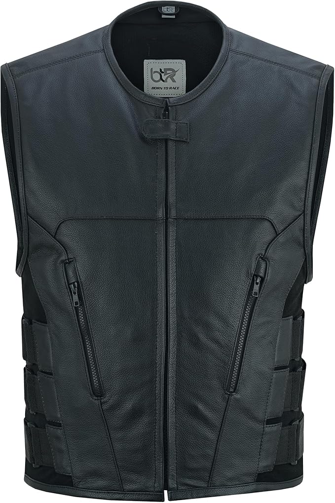 Men's Leather Motorcycle Vest with Adjustable Side Straps