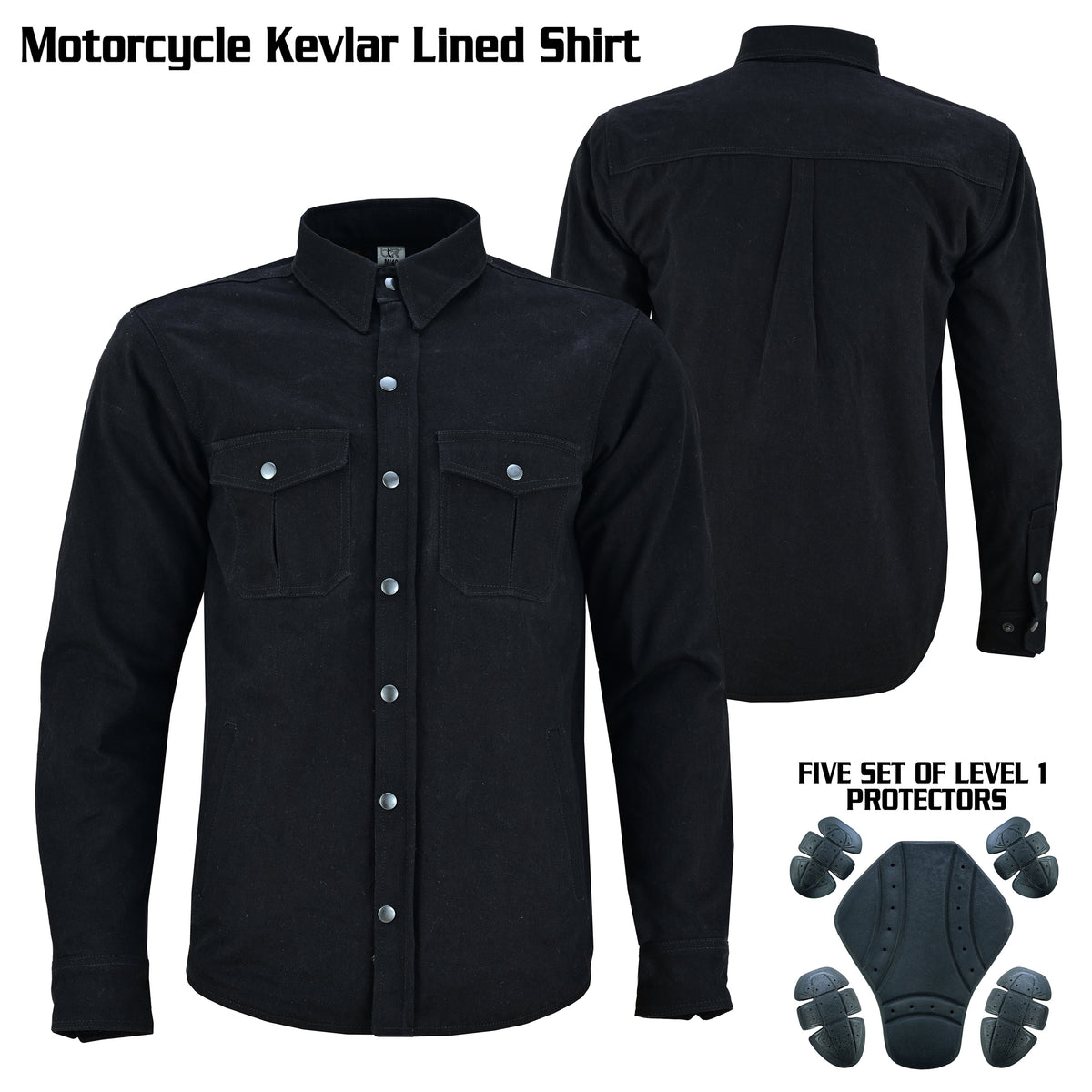 Men’s Motorcycle Shirt Kevlar Lined CE Approved Protectors on Elbows, Shoulders & Back