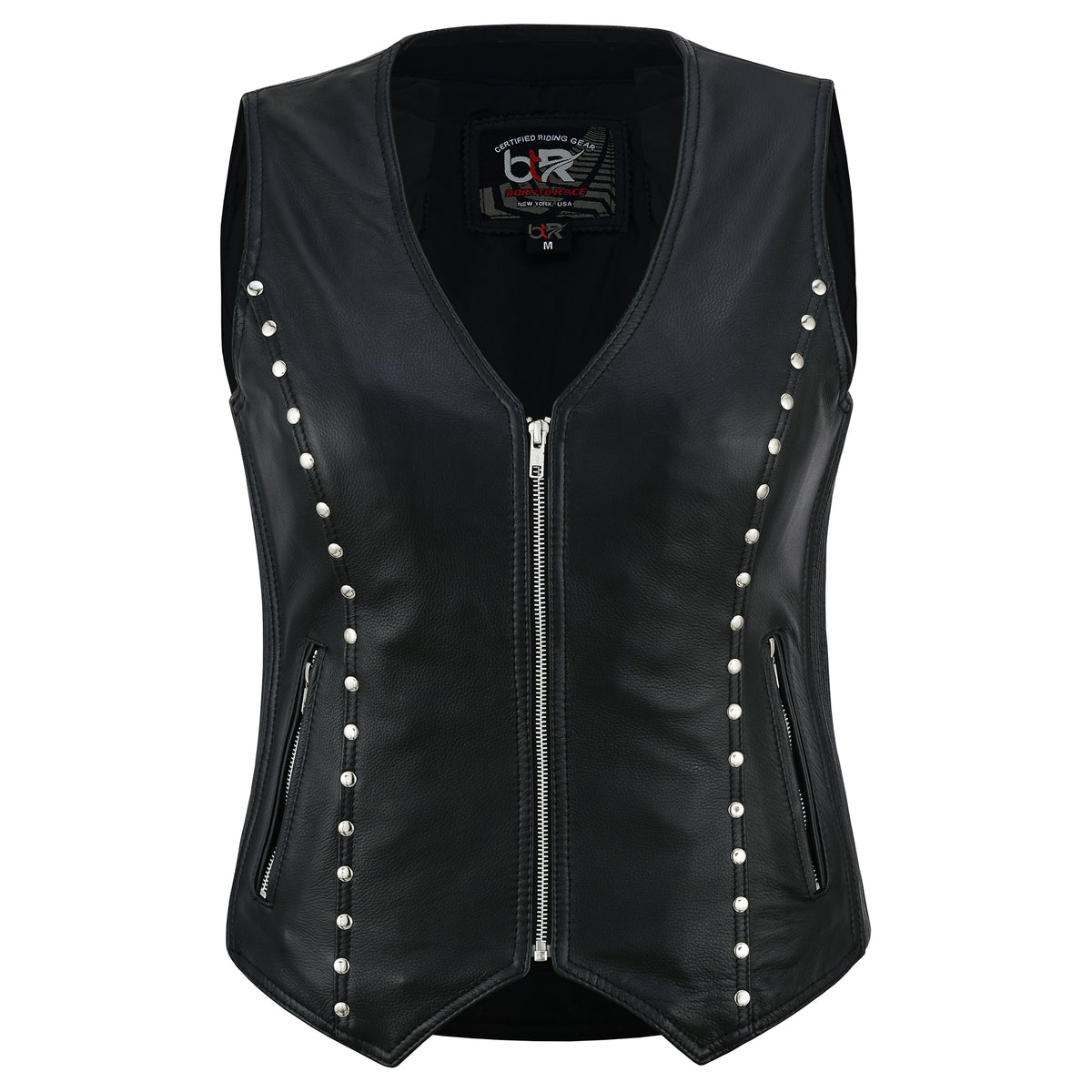 Spike Women’s Studded Leather Motorcycle Vest – Genuine Cowhide Slim Fit Biker Vest with Stretch Panels Black