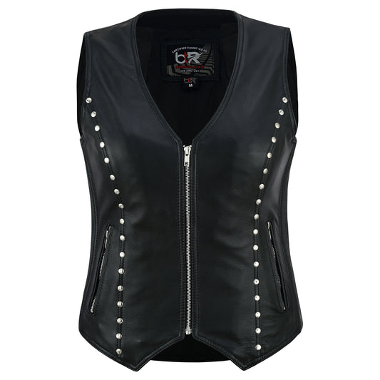 Women’s Studded Leather Motorcycle Vest – Genuine Cowhide Slim Fit Biker Vest with Stretch Panels Black