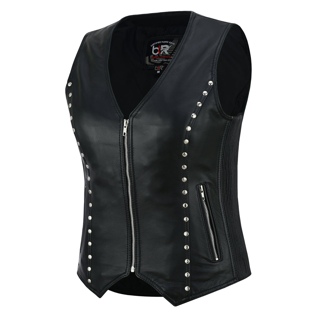 Spike Women’s Studded Leather Motorcycle Vest – Genuine Cowhide Slim Fit Biker Vest with Stretch Panels Black