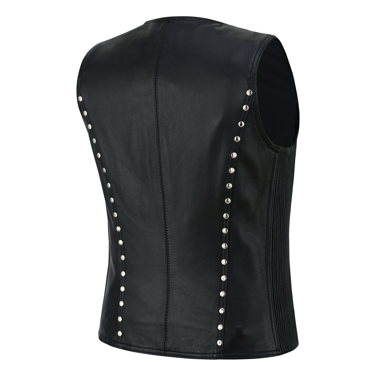 Spike Women’s Studded Leather Motorcycle Vest – Genuine Cowhide Slim Fit Biker Vest with Stretch Panels Black