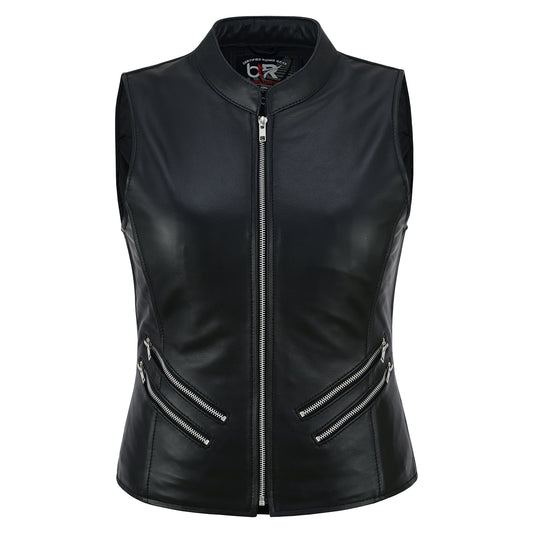 Women’s Genuine Cowhide Leather Motorcycle Vest – Slim Fit Zip-Up Biker Vest with Multi-Zip Pockets Black