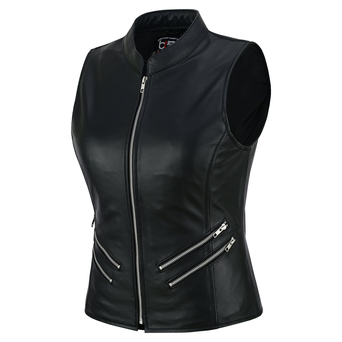 Striker Women’s Genuine Cowhide Leather Motorcycle Vest – Slim Fit Zip-Up Biker Vest with Multi-Zip Pockets Black