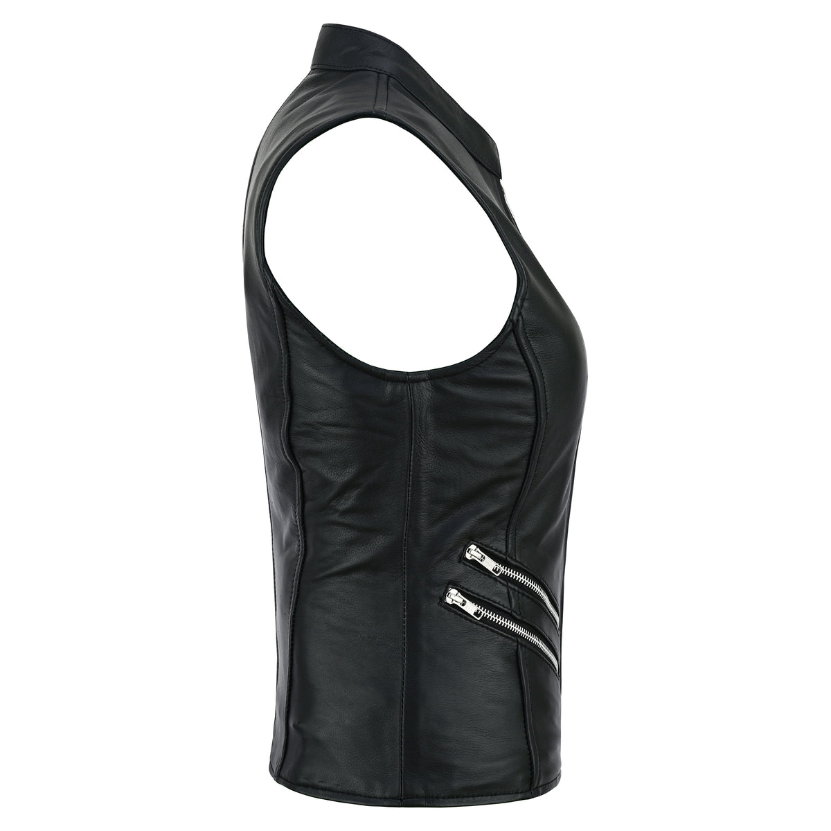 Striker Women’s Genuine Cowhide Leather Motorcycle Vest – Slim Fit Zip-Up Biker Vest with Multi-Zip Pockets Black