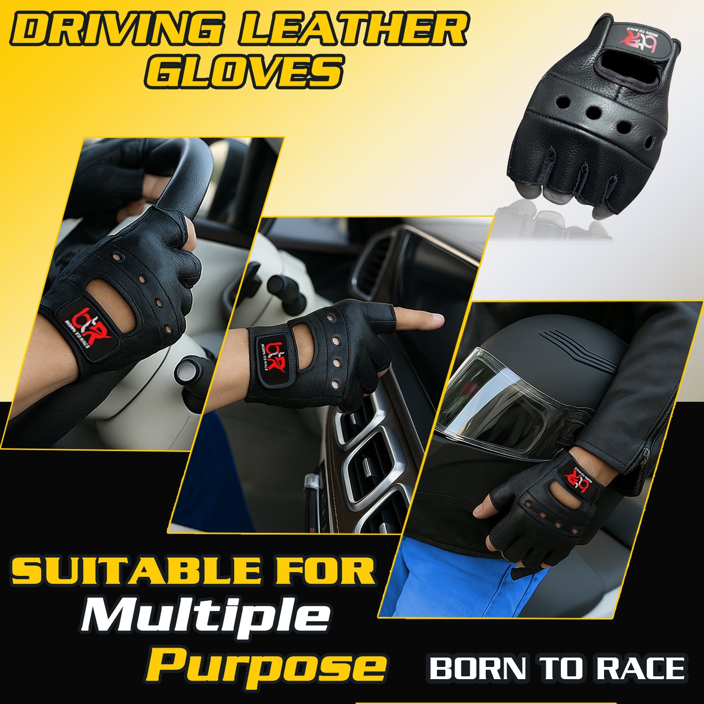 Premium Black Cowhide Leather Fingerless Driving Gloves – Durable & Stylish
