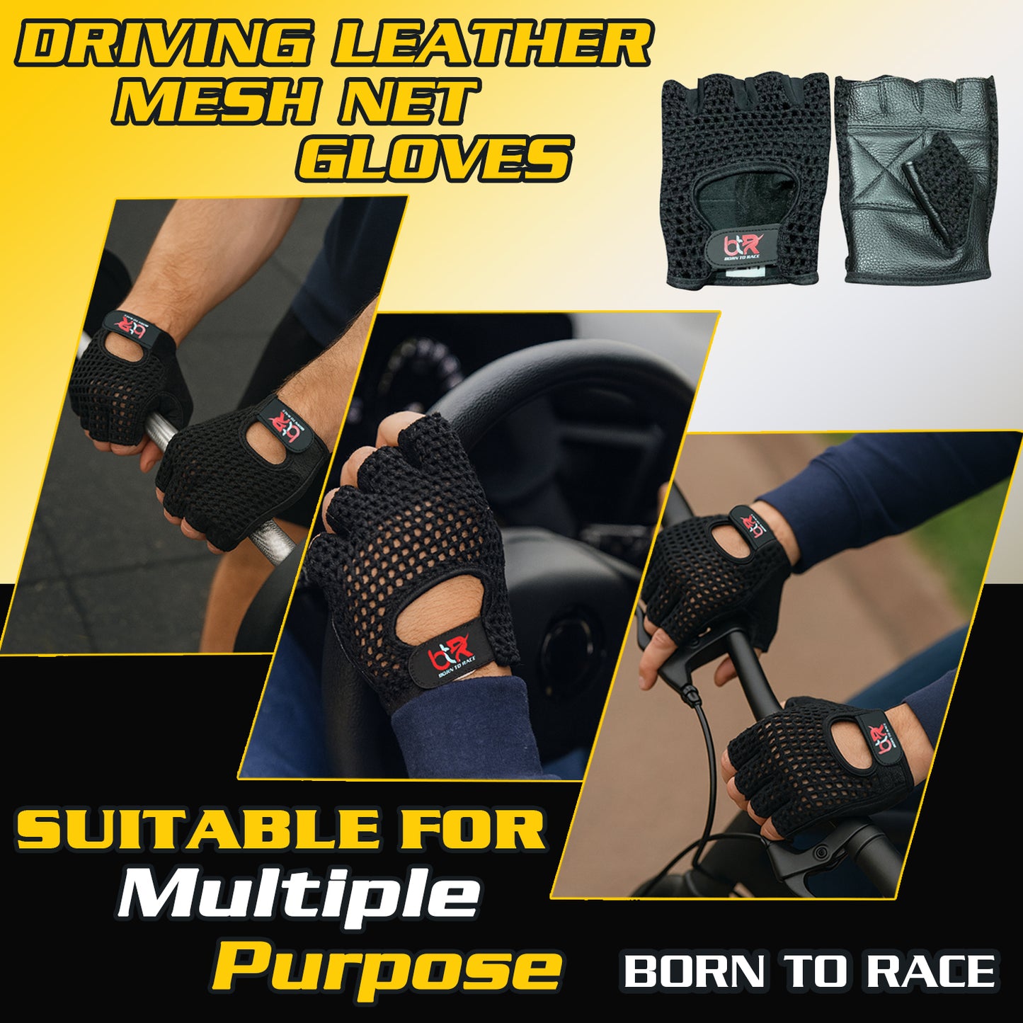 Men’s Fingerless Cowhide Leather Driving Gloves – Breathable Black Mesh Chauffeur Gloves