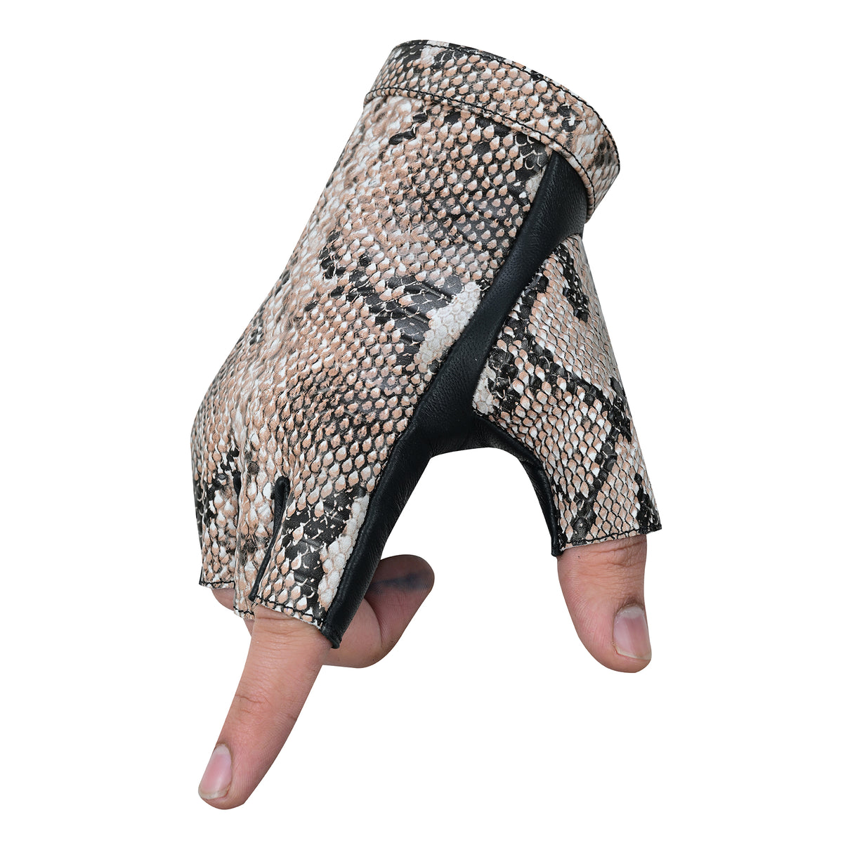 Python Snake Beige Embossed Leather Fingerless Gloves
