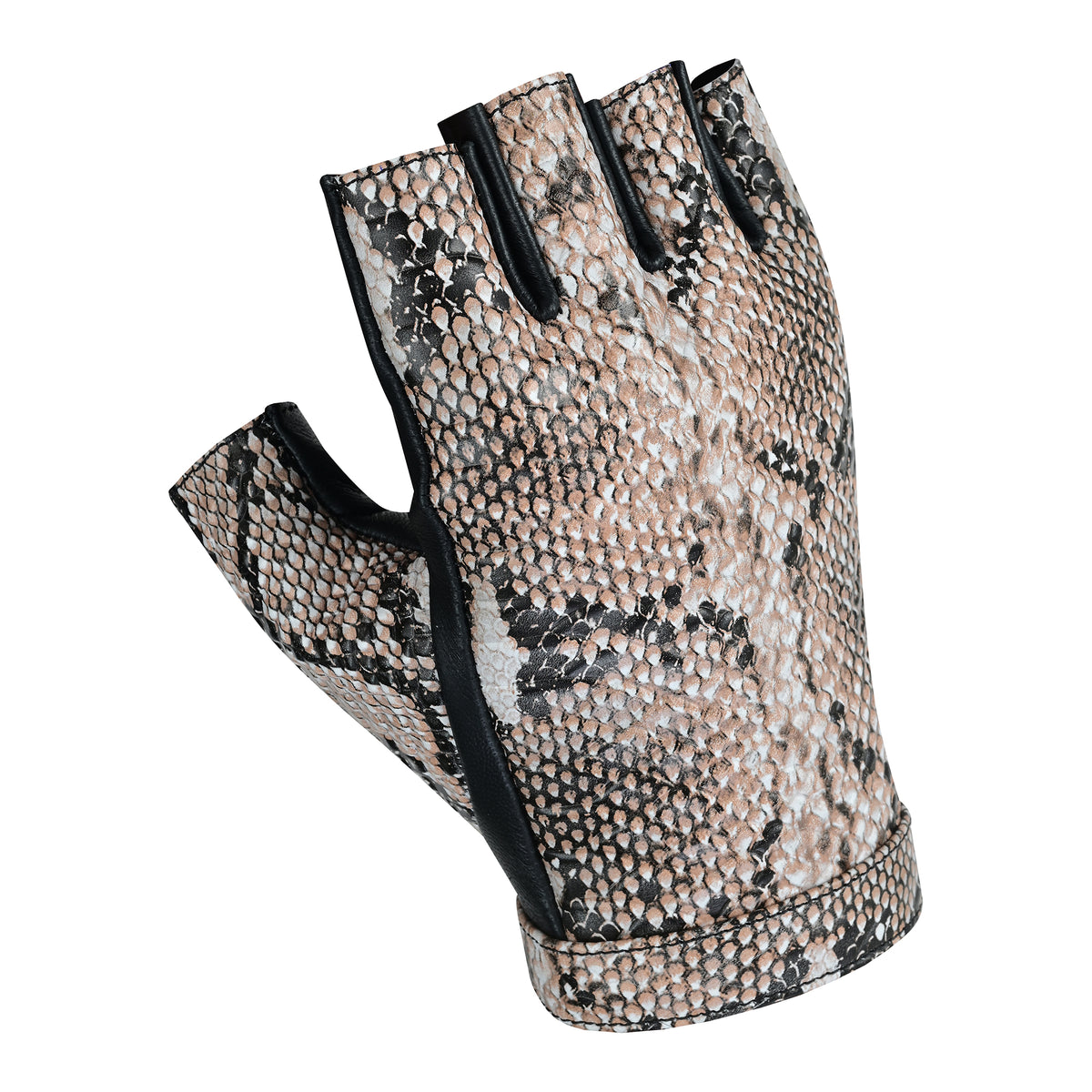 Python Snake Beige Embossed Leather Fingerless Gloves