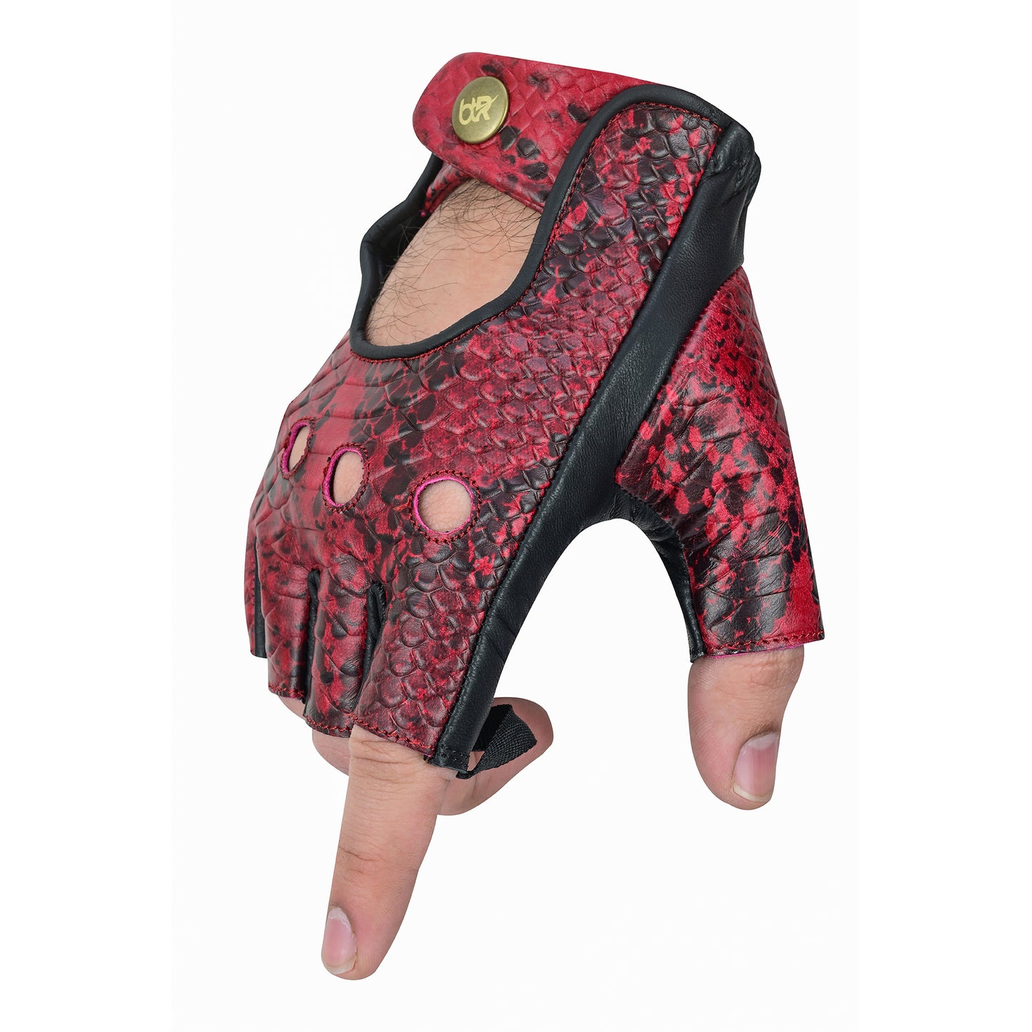 Men Python Snake Embossed Leather Fingerless Gloves