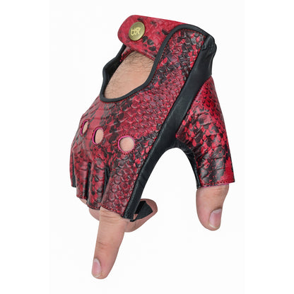 Men Python Snake Embossed Leather Fingerless Gloves