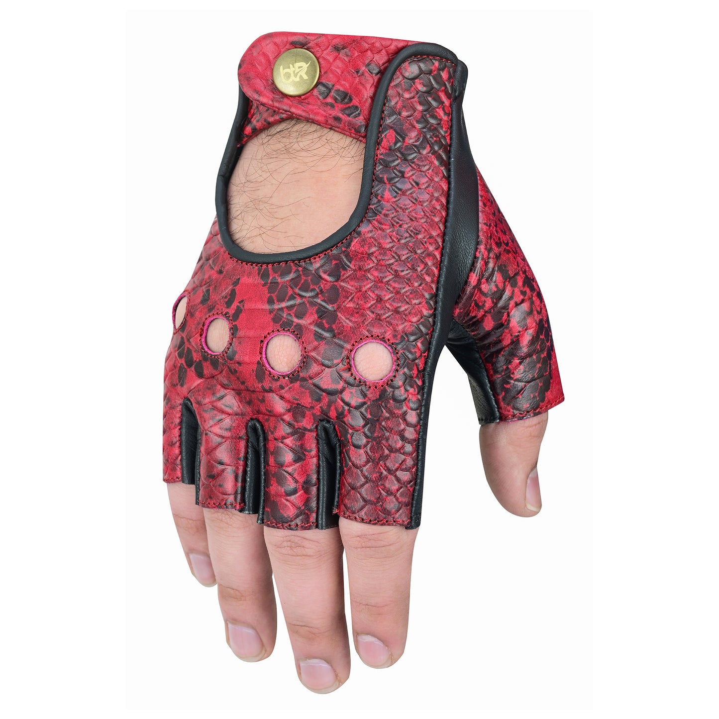 Men Python Snake Embossed Leather Fingerless Gloves