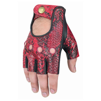 Men Python Snake Embossed Leather Fingerless Gloves