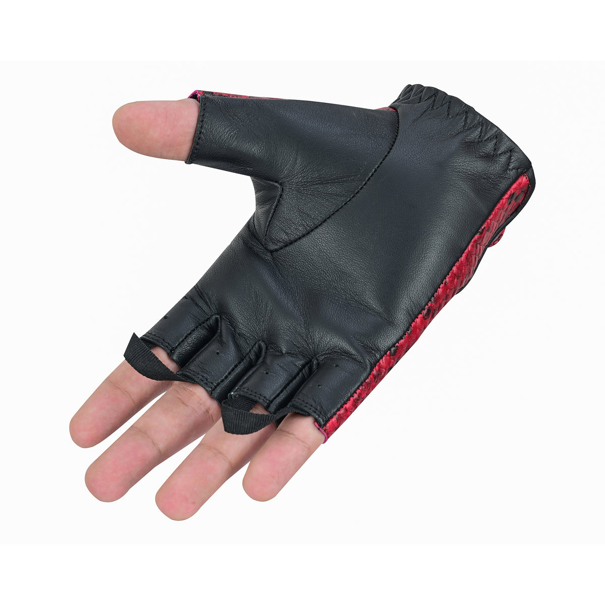Burgundy Leather Fingerless Driving Gloves – Python Embossed