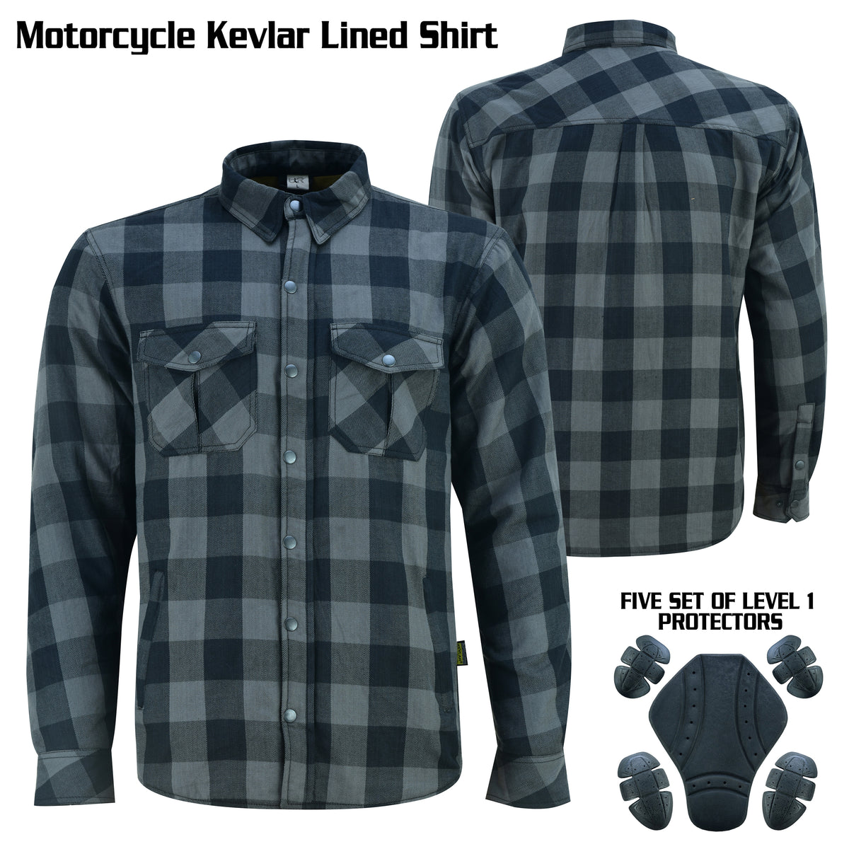 Men’s Motorcycle Shirt Kevlar Lined CE Approved Protectors on Elbows, Shoulders & Back