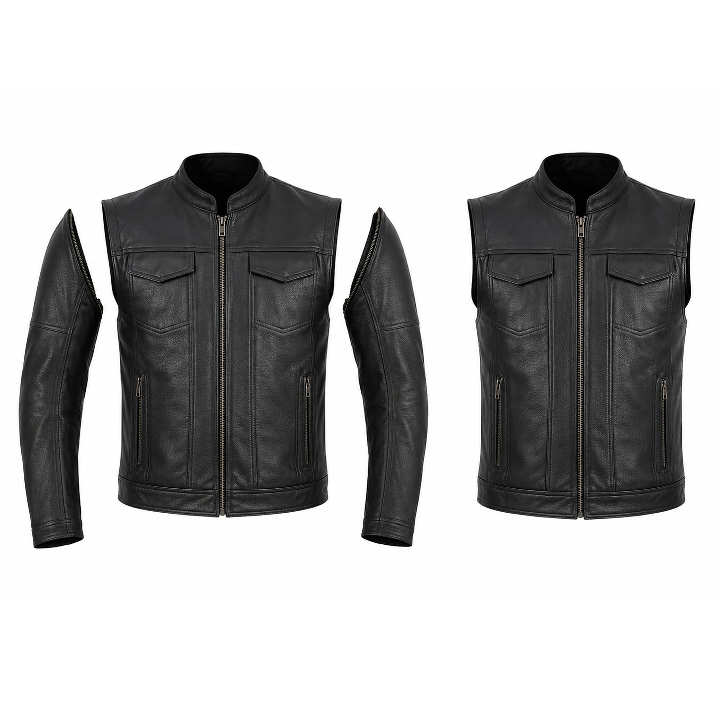 Men's Premium Cowhide Leather Motorcycle Jacket – Convertible Zip-Off Sleeve Vest