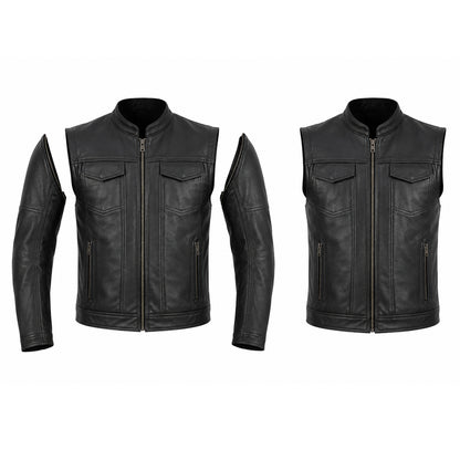 Men's Premium Cowhide Leather Motorcycle Jacket – Convertible Zip-Off Sleeve Vest