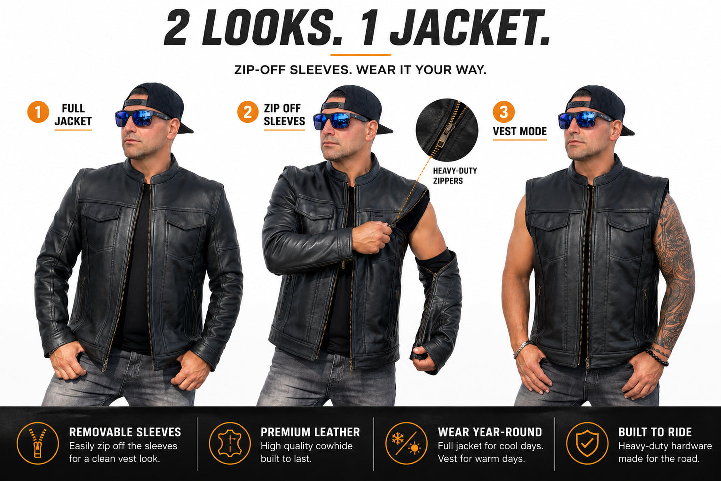 Men's Premium Cowhide Leather Motorcycle Jacket – Convertible Zip-Off Sleeve Vest
