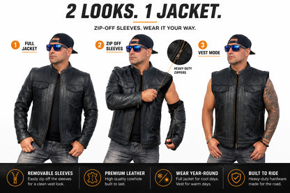 Men's Premium Cowhide Leather Motorcycle Jacket – Convertible Zip-Off Sleeve Vest