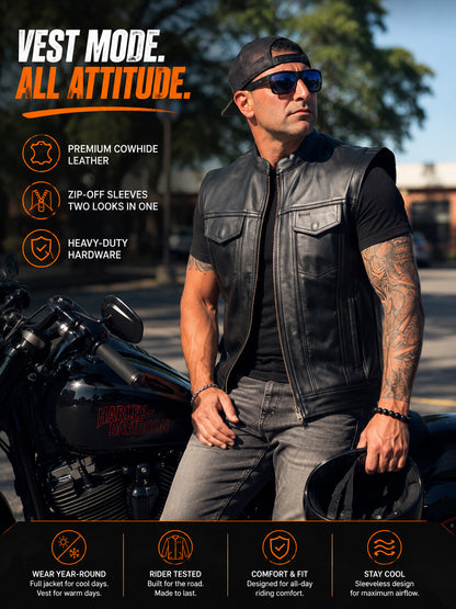 Men's Premium Cowhide Leather Motorcycle Jacket – Convertible Zip-Off Sleeve Vest