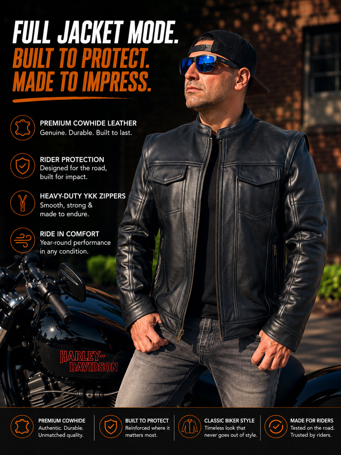 Men's Premium Cowhide Leather Motorcycle Jacket – Convertible Zip-Off Sleeve Vest