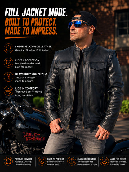 Men's Premium Cowhide Leather Motorcycle Jacket – Convertible Zip-Off Sleeve Vest