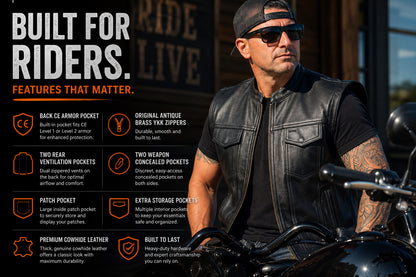 Men's Premium Cowhide Leather Motorcycle Jacket – Convertible Zip-Off Sleeve Vest