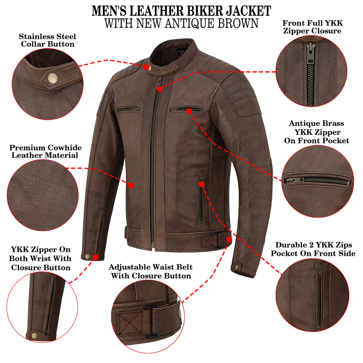 Men's Motorcycle Cowhide Leather Jacket Armor Pockets