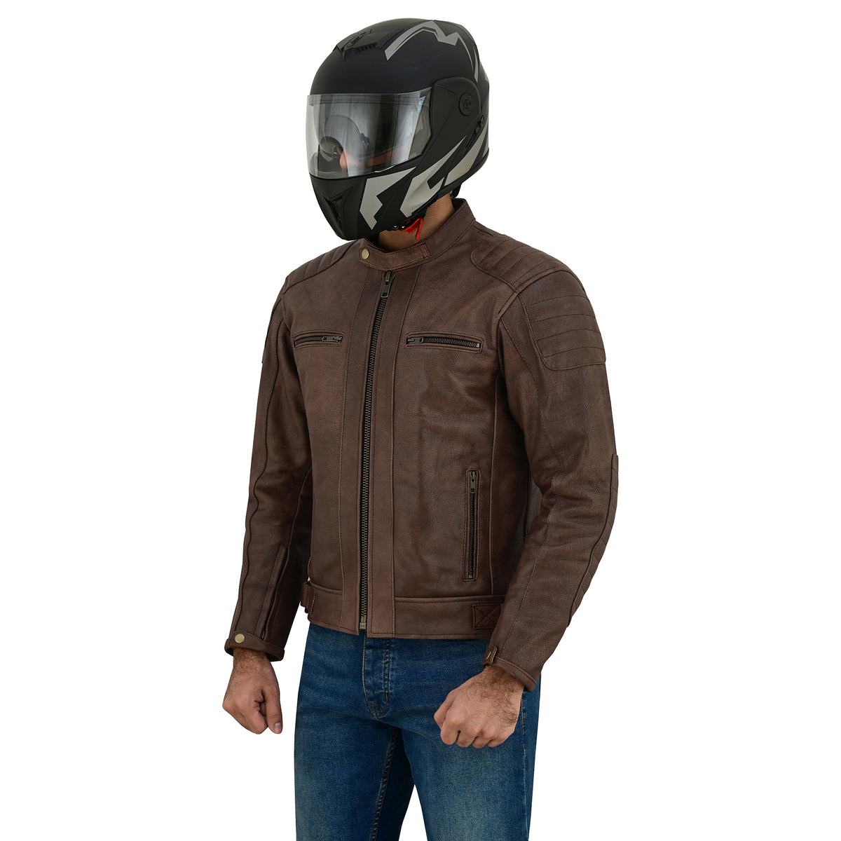 Men's Motorcycle Cowhide Leather Jacket Armor Pockets