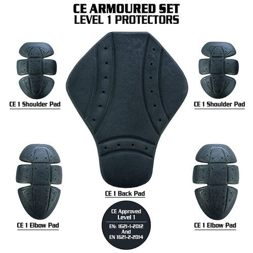 CE Level-1 Armour Set Elbows, Shoulders & Back Pads For Motorcycle Jackets or Shirts - Black