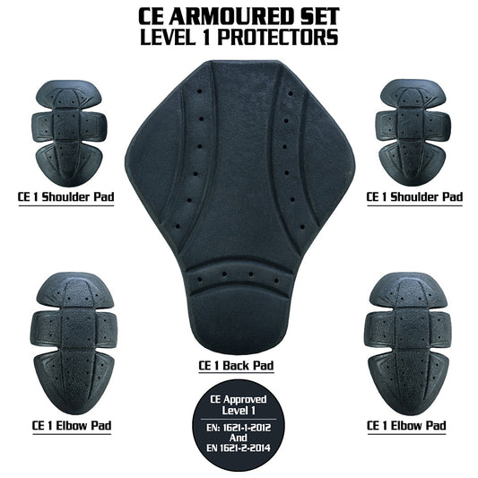 CE Level-1 Armour Set Elbows, Shoulders & Back Pads For Motorcycle Jackets or Shirts - Black