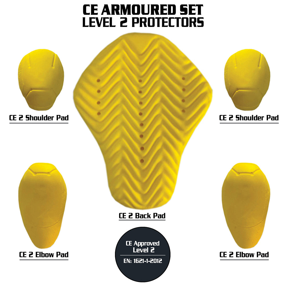 CE Level-2 Armour Set Elbows, Shoulders & Back Pads For Motorcycle Jackets or Shirts - Yellow