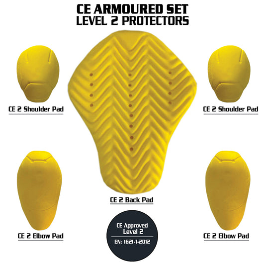 CE Level-2 Armour Set Elbows, Shoulders & Back Pads For Motorcycle Jackets or Shirts - Yellow