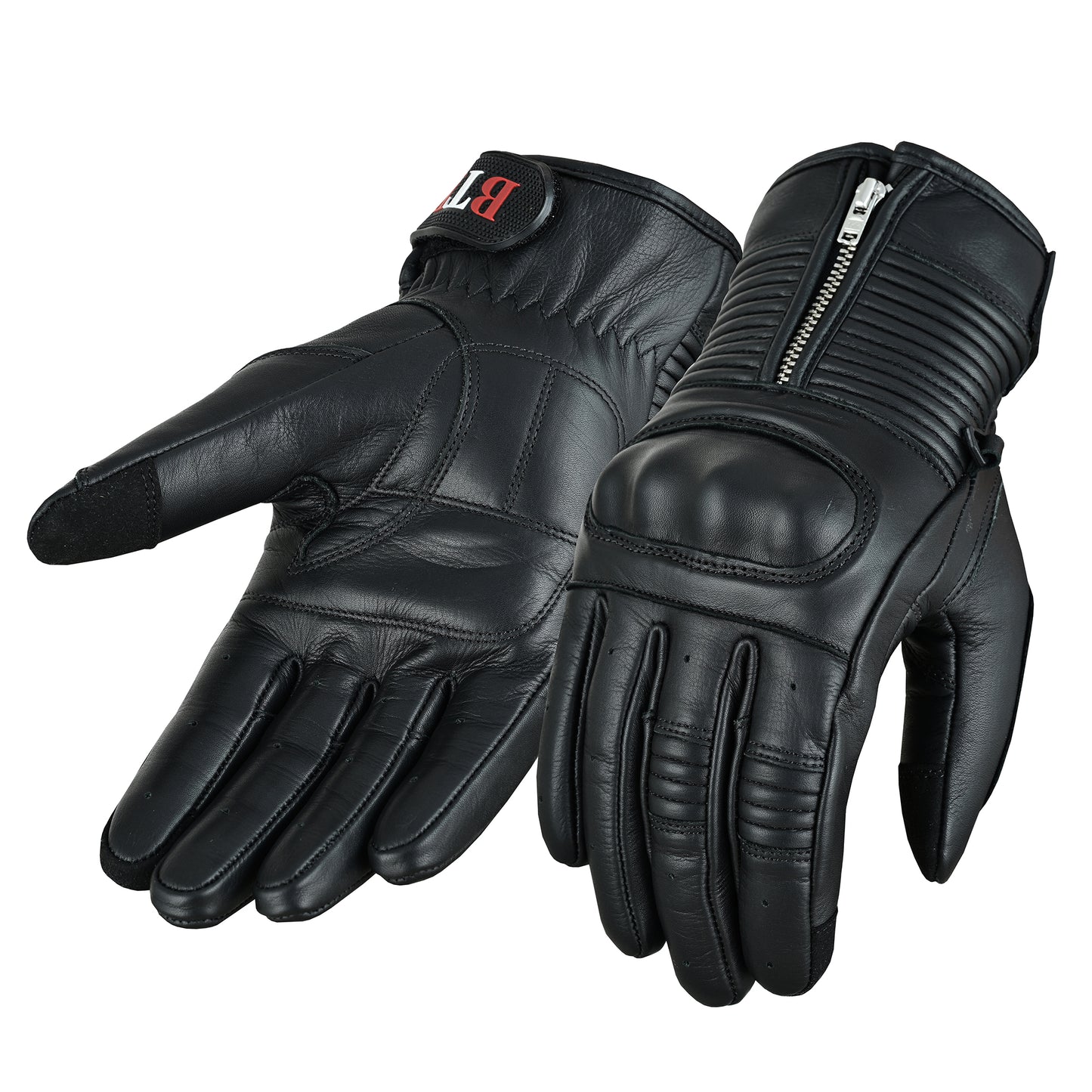 Men Motorcycle Leather Touchscreen Protective Knuckle Motorbike Zipper Gloves