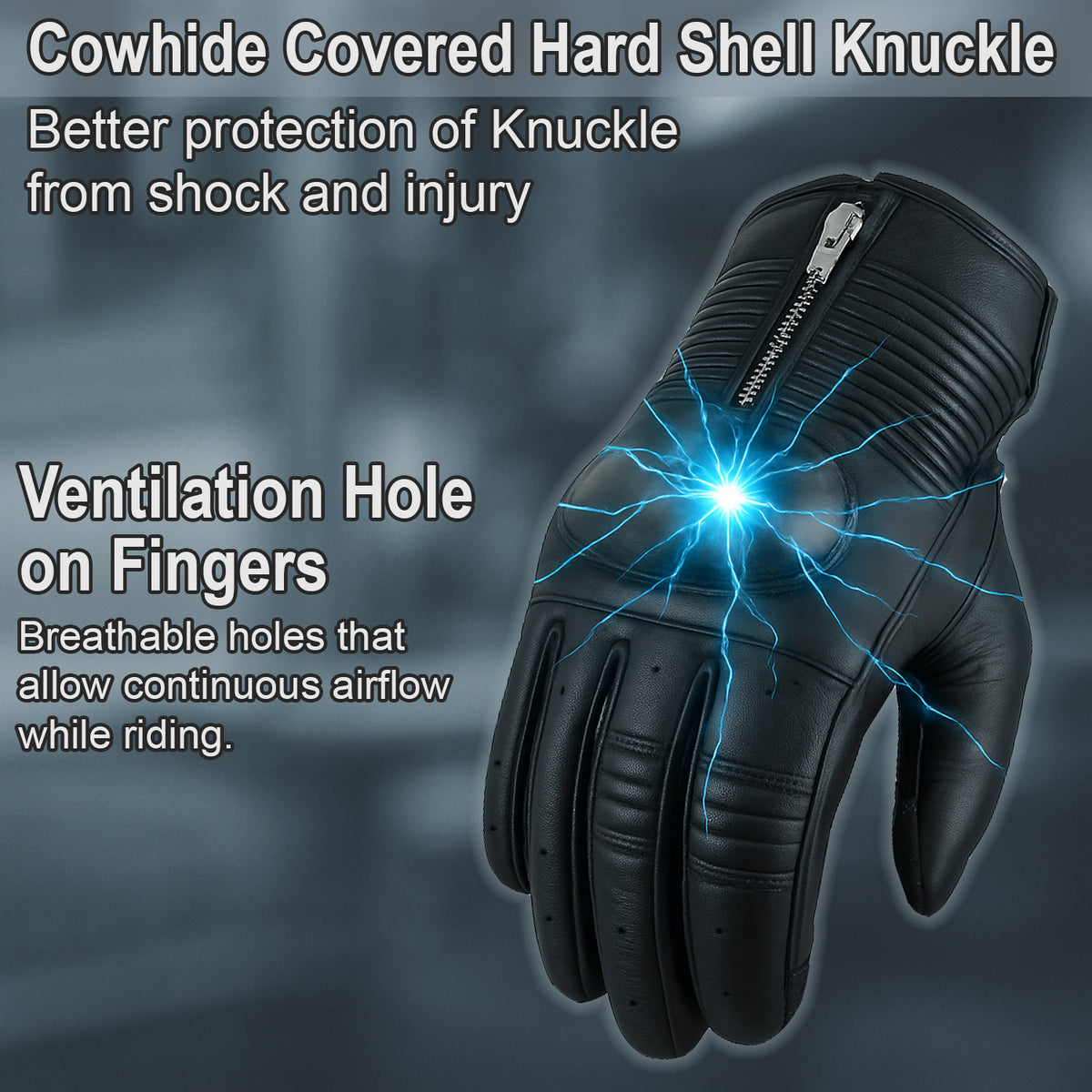 Men Motorcycle Leather Touchscreen Protective Knuckle Motorbike Zipper Gloves
