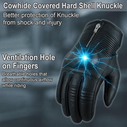Men Motorcycle Leather Touchscreen Protective Knuckle Motorbike Zipper Gloves