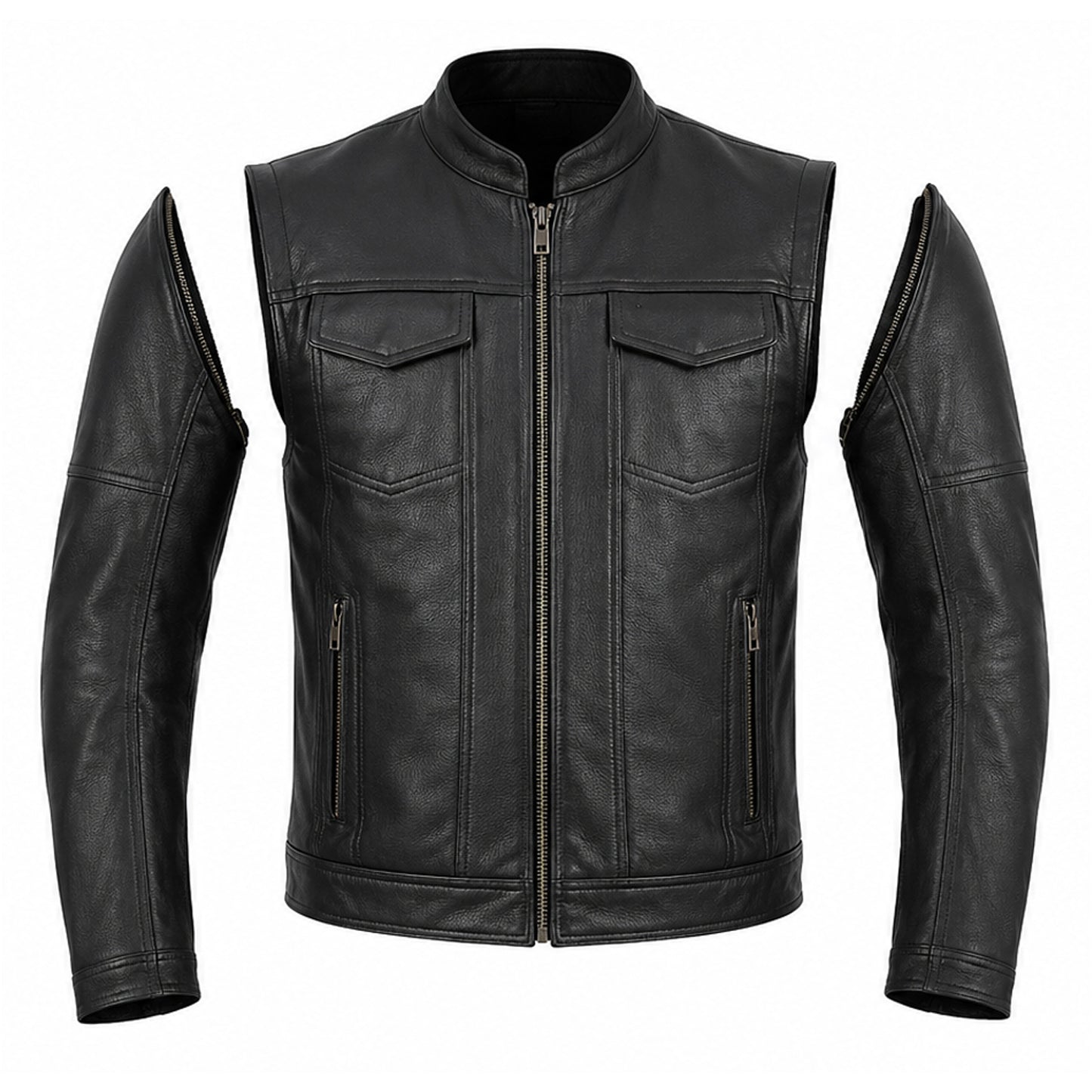 Men's Premium Cowhide Leather Motorcycle Jacket – Convertible Zip-Off Sleeve Vest
