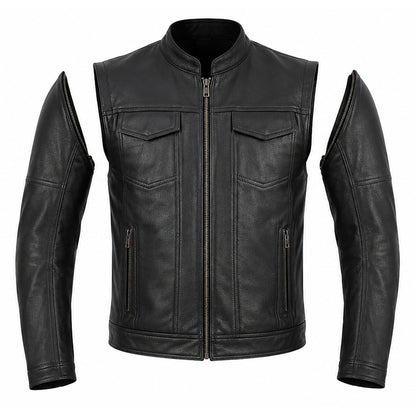 Men's Premium Cowhide Leather Motorcycle Jacket – Convertible Zip-Off Sleeve Vest